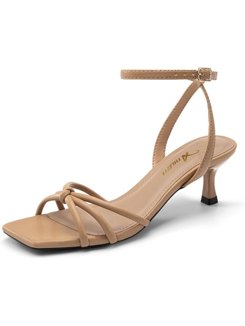 Women's Camel Kitten Heels Square Toe Strappy Heeled Sandals PU Leather Heels